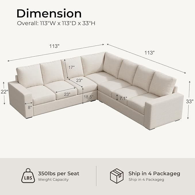ELUCHANG 113" V-Shaped Modular Sectional Sofa Couch, Modern 7-Seat Comfy Linen Deep Seat Sofa with Corner, Removable Cover, Easy Assembly, Large Sofas & Couches for Living Room, Office, Beige | Spring Cushions, Easy to Clean, Deep Seat