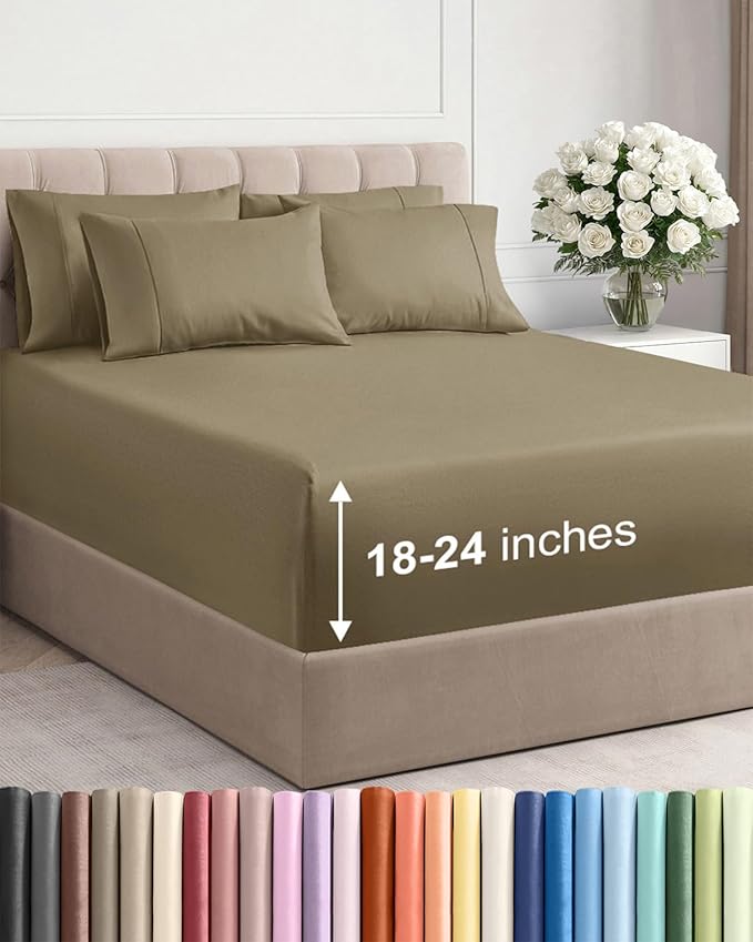 Extra Deep King Sheet Set - 6 Piece Breathable and Cooling Sheets - Hotel Luxury Bedding for Women, Men, Kids & Teens - Easy & Secure Fit - Soft, Wrinkle Free and Comfy - Extra Deep Pockets - Khaki