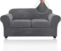 PrinceDeco Velvet Couch Cover Loveseat Covers for 2 Cushion Couch 3 Piece Sofa Covers for Dogs Washable Loveseat Covers Width Up to 72 Inch No Slip Stretch Sofa Slipcover(Medium, Grey)