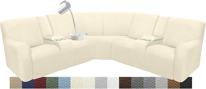 Waterproof Reclining Sectional Couch Covers Washable L Shaped Couch Cover for Sectionals Recliner Sofa Covers Stretch Corner Recliner Slipcovers for Dogs (5 Seater 2 Console Cover, Beige)