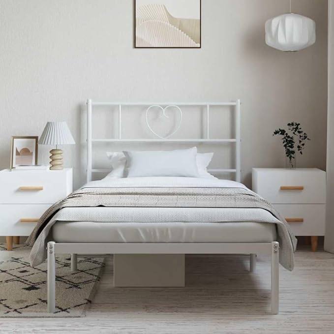 Modern White Metal Bed Frame with Underbed Storage, Minimalist Single Bed Platform for Small Spaces, Durable Steel Construction, Guest Room Ready