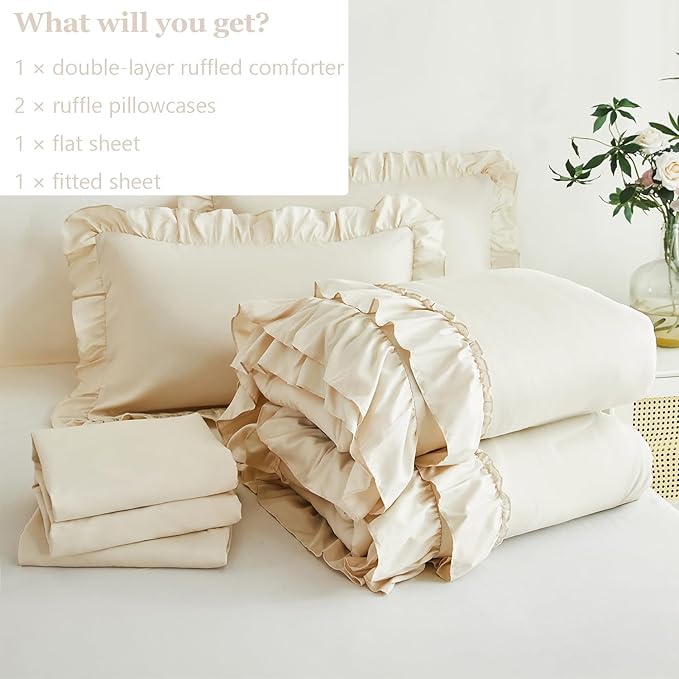 ANGIYUIN Beige Ruffle Comforter Set King Size 5 Pieces Solid Farmhouse Boho Bed in A Bag Soft Lightweight Fluffy Shabby Bedding Set with Sheet Sets for Women(Beige King)