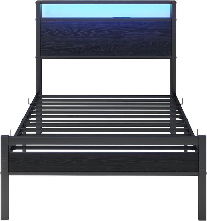 BOFENG Metal Bed Frame Twin Size,Black Wood Storage Headboard with Charging Station/LED Lights,Heavy Duty Metal Platform Bed Frames No Box Spring Needed,Noise Free,Easy Assembly