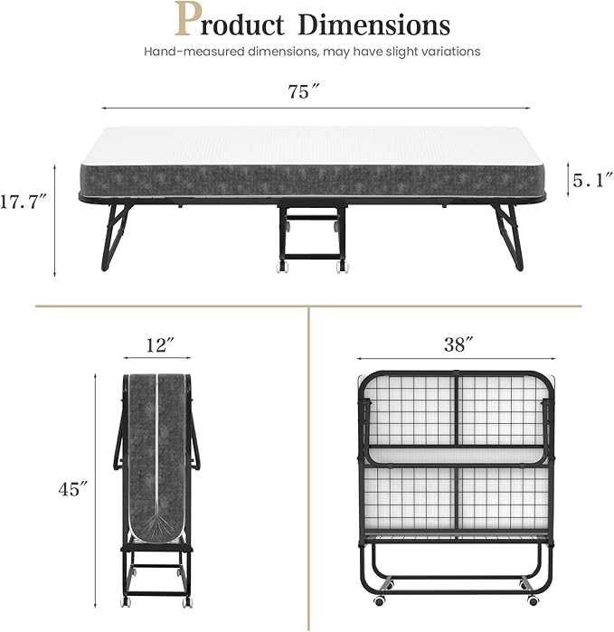 75''x38'' Folding Guest Bed for Adults, Foldable Rollaway Bed with Memory Foam Mattress & Sturdy Fold Up Metal Frame for Bedroom, Office, Apartments, Space-Saving Design for Easy Storage