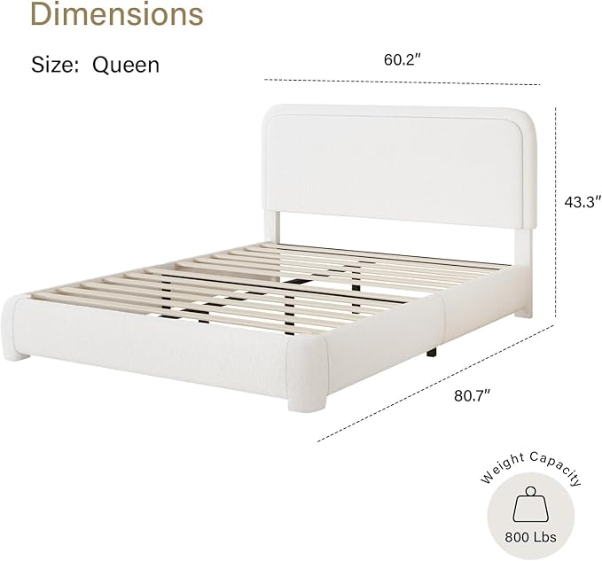 BarnFurin Queen Bed Frame with Headboard, Boucle Upholstered Platform Bed Frame, Luxurious Soft Rounded Corners, No Box Spring Required, Non-Slip and Noise-Free, Easy Assembly, White