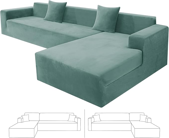 ZNSAYOTX 2026 Soft Velvet Sectional Couch Covers, Luxury Plush Slipcovers with Elastic Bottom for L Shape Sectional Sofa, 2 Pcs Pet Friendly Protector (3 Seat Couch + 3 Seat Chaise, Pea Green)