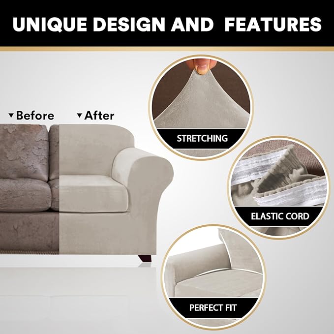 PrinceDeco Velvet Couch Cover Loveseat Covers for 2 Cushion Couch 3 Piece Sofa Covers for Dogs Washable Loveseat Covers Width Up to 72 Inch No Slip Stretch Sofa Slipcover(Medium, Oatmeal)