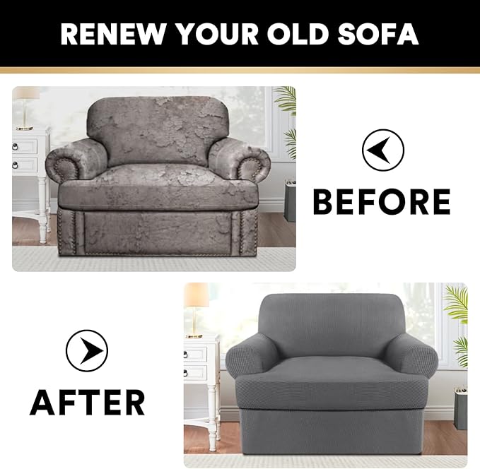PrinceDeco 2 Pieces T Cushion Chair Slipcover Stretch Couch Covers for T Cushion Sofa Slipcovers Chair Covers Armchair with 1 Individual T Shape Seat Covers Width Up to 40", Grey