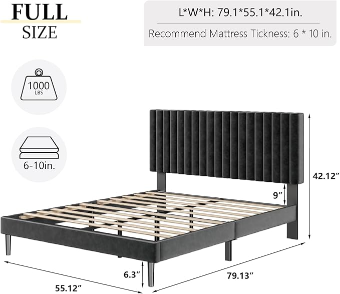 HAOARA Full Size Platform Bed Frame with Velvet Upholstered Headboard, Full Bed Frame with Strong Wood Slats, Mattress Foundation, Box Spring Optional, Easy Assembly, Black | Velvet Upholstered, Strong Wood Slats, Mattress Foundation, Box Spring Option...