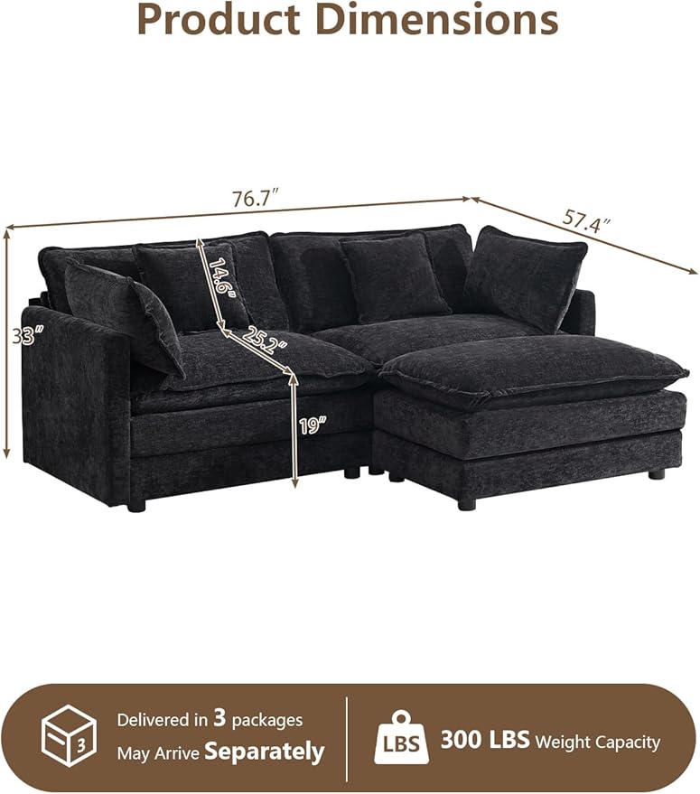 Modular Sectional Sofa with Ottoman, 76.7" Modern L Shaped Sectionals Cloud Couch, Comfy Couch Loveseat, 3 Seat Chenille Deep Seat Sofa with Pillow for Living Room,Bedroom Apartment,Small Spaces-Black