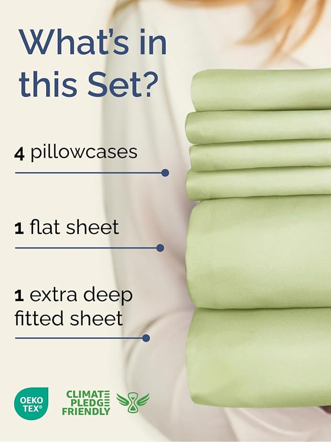 Extra Deep Queen Sheet Set - 6 Piece Breathable and Cooling Sheets - Hotel Luxury Bedding for Women, Men, Kids & Teens - Easy Secure Fit - Soft, Wrinkle Free & Comfy - Extra Deep Pockets - Light Sage
