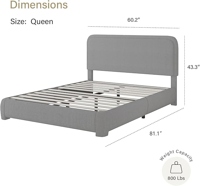 BarnFurin Queen Size Boucle Bed Frame with Headboard, Upholstered Platform Bed with Wood Slats, Soft Rounded Corners, No Box Spring Required, Non-Slip and Noise-Free, Easy Assembly, Light Grey