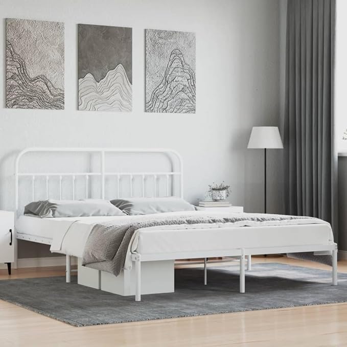Bed Frame White Powder-Coated Steel Double Bed Frame headboard Bedroom Furniture for Guest Room