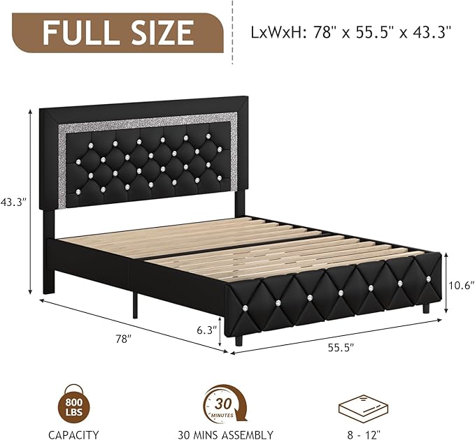 Full Bed Frame, Faux Leather Platform Bed with Upholstered Diamond Headboard, Mattress Foundation with Strong Wooden Slats Support, No Box Spring Required, Easy Assembly, Black
