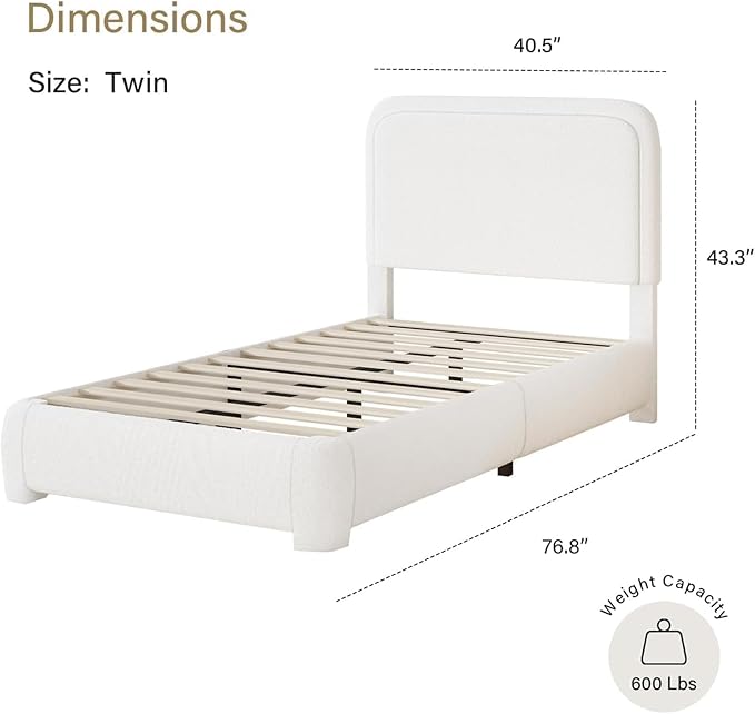 BarnFurin Twin Bed Frames with Headboard,Cloud Boucle Upholstered Platform Bed, Soft Rounded Corners, No Box Spring Needed, Non-Slip and Noise-Free, Easy Assembly, White