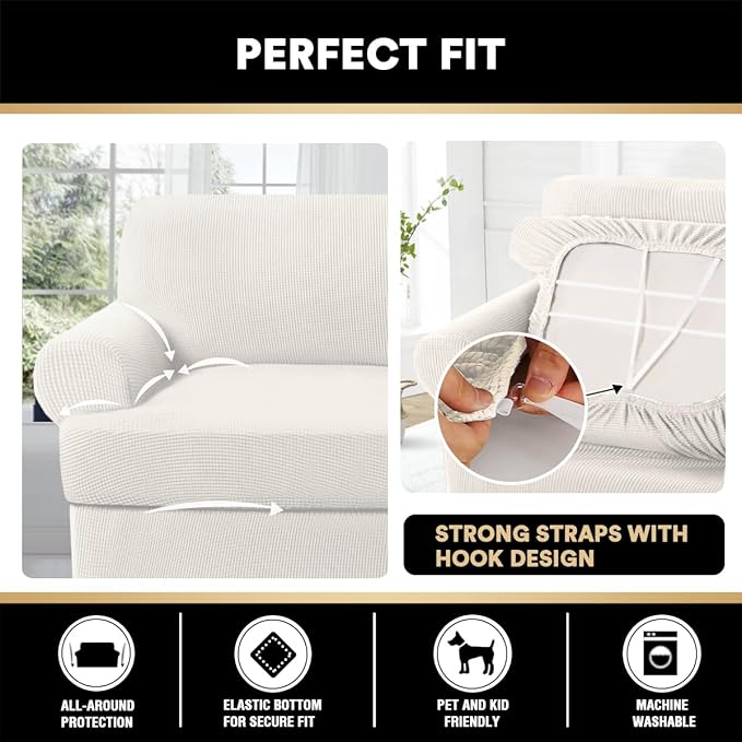 PrinceDeco 2 Pieces Armchair Slipcover Stretch Couch Covers for T Cushion Chair Slipcovers Soft Arm Chiar Cover Furniture Covers with 1 Individual T Shape Seat Covers Width Up to 40", Porcelain