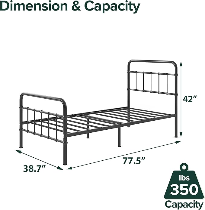 Zinus Florence Metal Platform Bed Frame, Mattress Foundation, No Box Spring Needed, Easy Assembly, Black, Twin
