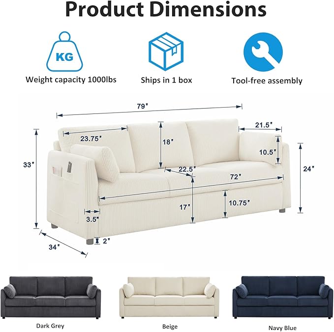 3 Seater Couches for Living Room, 79" Modern Corduroy Sofa with 2 Pillows and Storage Pockets, Comfy Upholstered Couches for Apartment, Small Spaces, Home Office, Navy Blue
