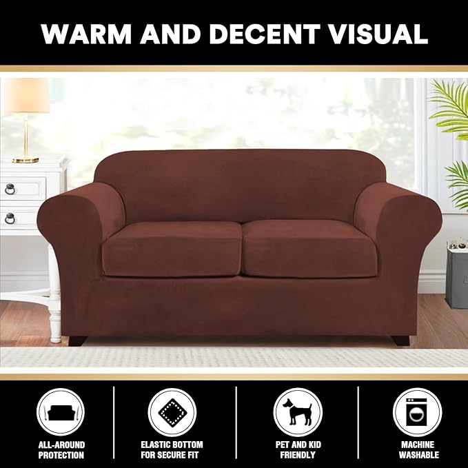 PrinceDeco Velvet Couch Cover Loveseat Covers for 2 Cushion Couch 3 Piece Sofa Covers for Dogs Washable Loveseat Covers Width Up to 72 Inch No Slip Stretch Sofa Slipcover(Medium, Burnt Brick)