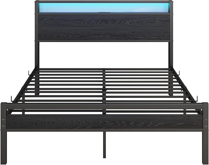 BOFENG Full Size Bed Frame with Wood Storage Headboard/LED Lights,Heavy Duty Platform Metal Bed Frame Full Size with Charging Station No Box Spring Needed,Strong Metal Support,Noise Free,Black