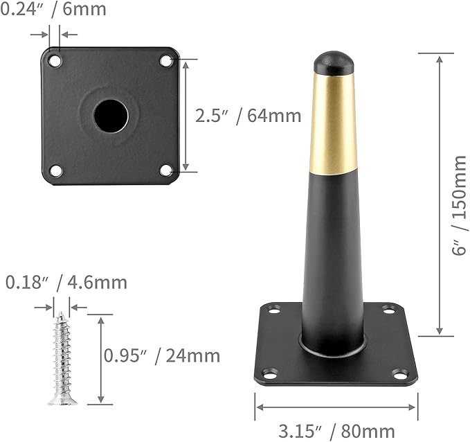 4pcs 6 Inch Furniture Legs, Straight Conical Metal Legs Matte Black Gold Mid-Century Style Furniture Feet for Sofa Cabinet Table Chair Cupboard Couch Ottoman Home DIY Projects