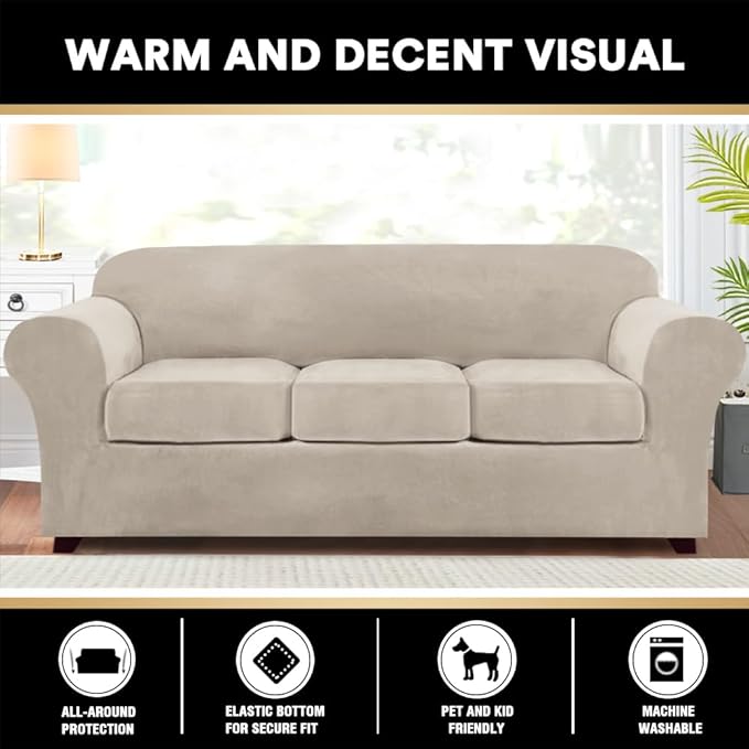 PrinceDeco Velvet Couch Covers for Sofa Soft 4 Pieces Couch Covers for 3 Cushion Couch Sofa Pet Friendly Furniture Protector with Non Slip Elastic Bottom Width Up to 97 Inch (Large Sofas, French Oak)