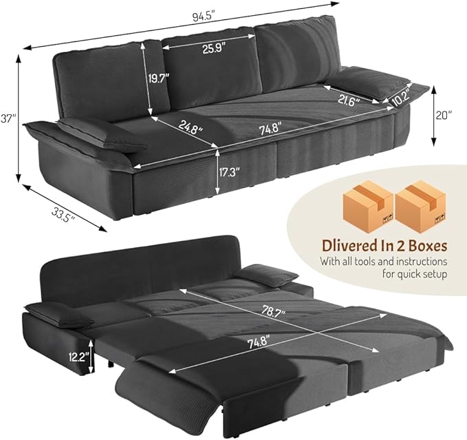 KEIKI 94.5" King 3-in-1 Sleeper Sofa, Oversized Pull-Out Couch with Cloud Comfort & Reclining Back, Corduroy Convertible Loveseat for Office, RV & Guest-Ready Spaces