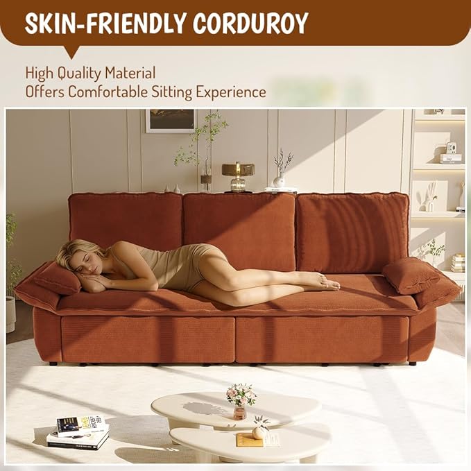 KEIKI 94.5'' King Size Sleeper Sofa Bed, 3-in-1 Convertible Pull Out Couch with Cloud Recliner Design, Corduroy Futon Loveseat Sofa for Living Room, Guest Hosting, Modern 3 Seater Couch