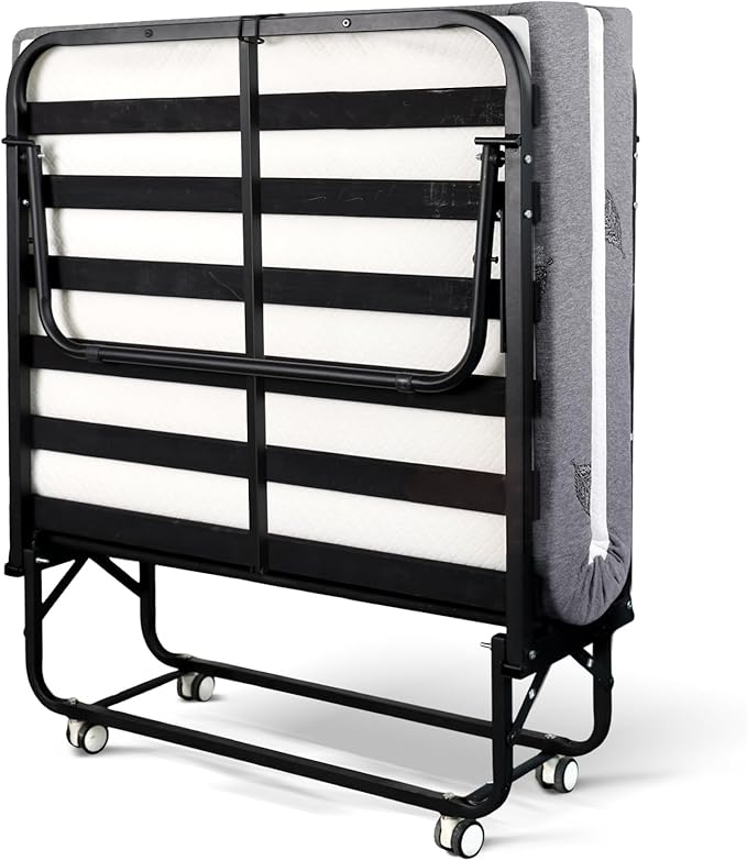 Folding Bed with Mattress for Adults, Twin Size Portable Foldable Bed with Metal & Wood Frame, Rollaway Guest, 75" x 38"