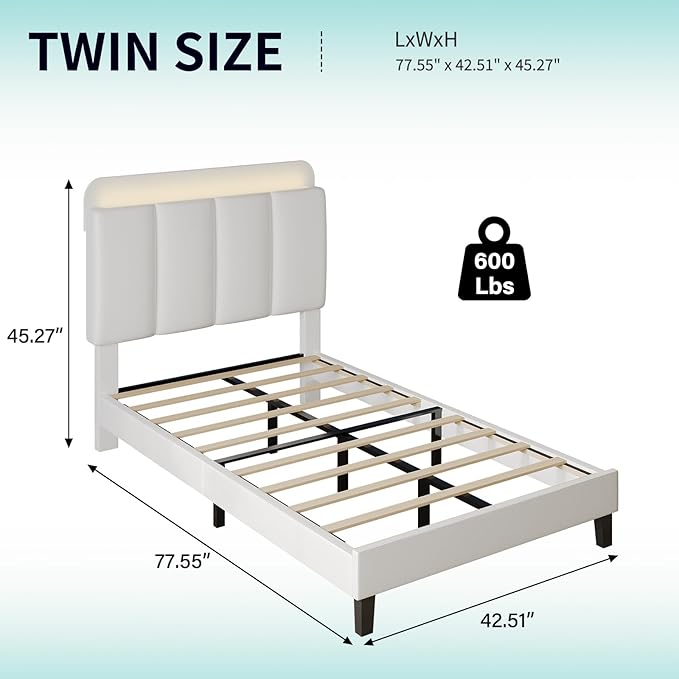 BarnFurin Twin Bed Frame with LED Lights, Upholstered Platform Bed with Storage Headboard, Kids Twin Bed Frame, No Box Spring Needed, Noise-Free, Easy Assembly, White