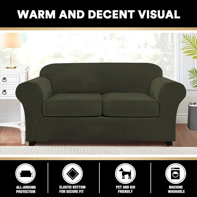 PrinceDeco Velvet Couch Cover Loveseat Covers for 2 Cushion Couch 3 Piece Sofa Covers for Dogs Washable Loveseat Covers Width Up to 72 Inch No Slip Stretch Sofa Slipcover(Medium, Olive)