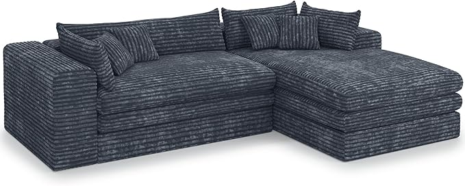 Belffin Boneless Cloud L Shaped Couch with Deep Seat Plush Corduroy Boneless Modular Cloud Sectional Couches for Living Room. Right Facing Chaise. Grey Sofa