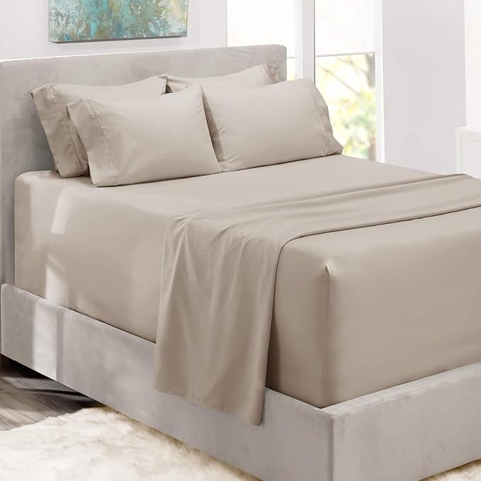 Hearth & Harbor Bed Sheets, Luxury Soft 6 Piece Bed Sheet Set Extra Deep Pocket Fitted Sheets Fits Mattress up to 21", Double Brushed Bedding Sheets & Pillowcases, King, Natrual Linen