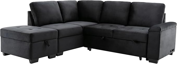 LUMISOL 87.4" Convertible Sleeper Sofa Bed with Storage Ottoman, L-Shaped Sectional Sofa with Storage Arm & Charging Stations, Pull Out Sofa Couch with Chaise for Living Room, Black