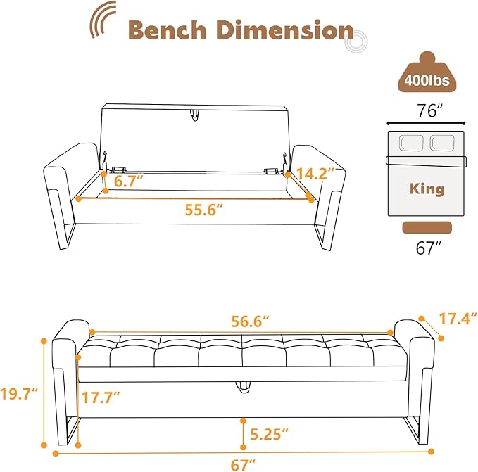 67" End of Bed Storage Bench King Size, Bench for Bedroom Foot of Bed, Upholstered Velvet Storage Ottoman with Gold Legs for Window Living Room, Beige