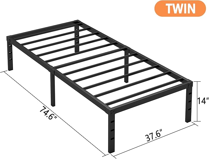 Hafenpo 14 Inch Twin Bed Frame - Sturdy Metal Platform Twin Size, No Box Spring Needed, Heavy Duty, Easy Assembly, Strong Bearing Capacity, Under Bed Storage, Black
