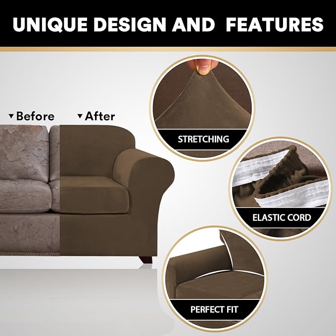 PrinceDeco Velvet Couch Covers for Sofa Soft 4 Pieces Couch Covers for 3 Cushion Couch Sofa Pet Friendly Furniture Protector with Non Slip Elastic Bottom Width Up to 97 Inch(Large Sofas,Bronze Brown)
