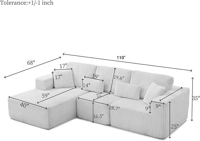 110" Cloud Sectional Couch, Modular Sectional Sofa with Deep Seat, Corduroy Upholstered Boneless Couch for Living Room Bedroom, Left Facing Chaise (Green)