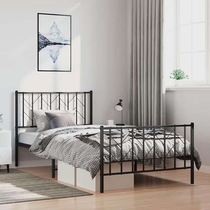 Bed Frame Black Powder-Coated Steel Modern Metal Bed Frame with Headboard, Sturdy Steel Bed with Underbed Storage 39.4 x 78.7 in Sturdy