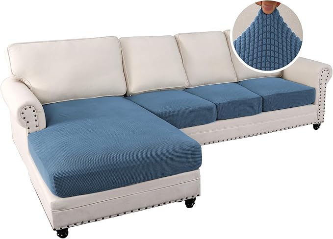 H.VERSAILTEX Sectional Couch Covers 4 Pieces Sofa Seat Cushion Covers L Shape Separate Cushion Couch Chaise Cover for Both Left/Right Sectional Couch (Seat Only: 1 Chaise + 3 Sofa, Dusty Blue)