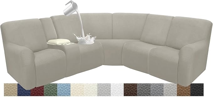 Reclining Sectional Couch Covers L Shape Waterproof Washable Recliner Sofa Cover for L Shaped Sectional Super Stretch Soft Corner Recliner Slipcovers (5 Seater 1 Console Cover, Light Khaki)