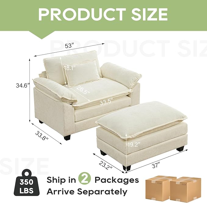 53" Modular Sectional Sofa, Comfy Cloud Couch Sectional Sofa with Ottoman, Chenille Sofa Sleeper Deep Seat Sofa with Throw Pillows for Living Room (Beige White)