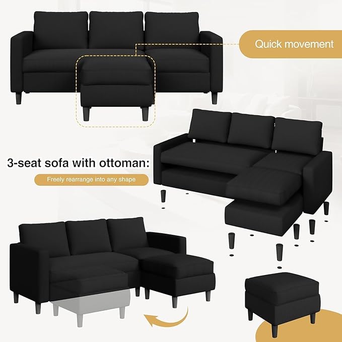 JAMFLY Couches for Living Room, 3-Seat Reversible Sectional Sofa with Convertible Ottoman, Modern Ribbed Fabric L-Shaped Couch for Small Apartment, Studio & Office, Easy Assembly, Black