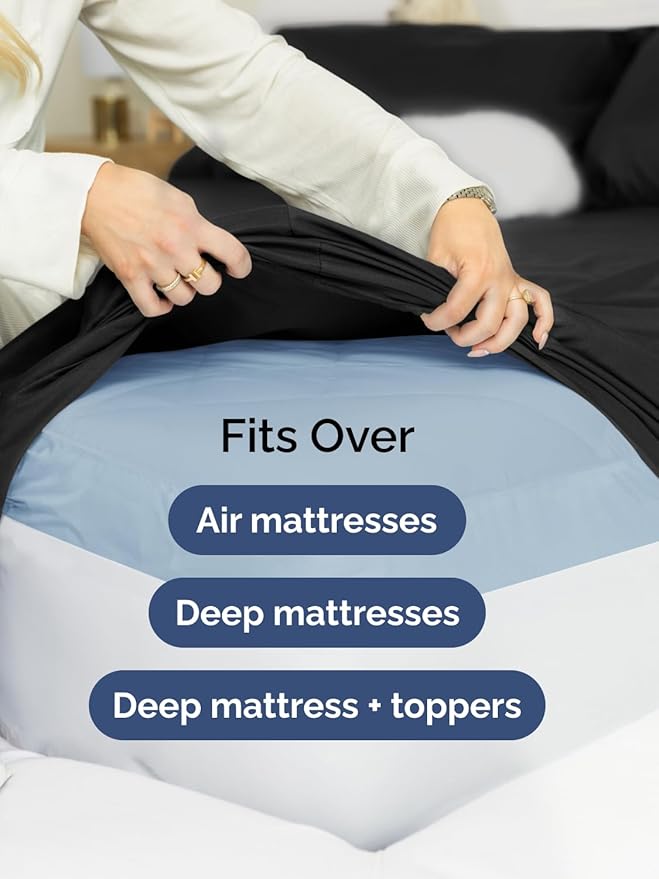 Extra Deep Split King Sheet Set - 7 Piece Breathable and Cooling Sheets - Hotel Luxury Bedding for Women, Men, Kids & Teens - Easy Secure Fit - Soft, Wrinkle Free & Comfy - Extra Deep Pockets - Black