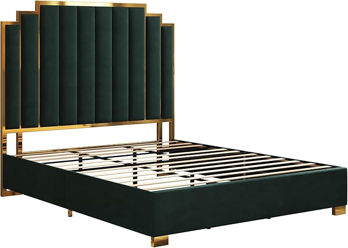AMERLIFE King Size Upholstered Bed, Modern Velvet Bed Frame with 65.4” Tall Gold Trim Headboard, No Box Spring Needed, Green