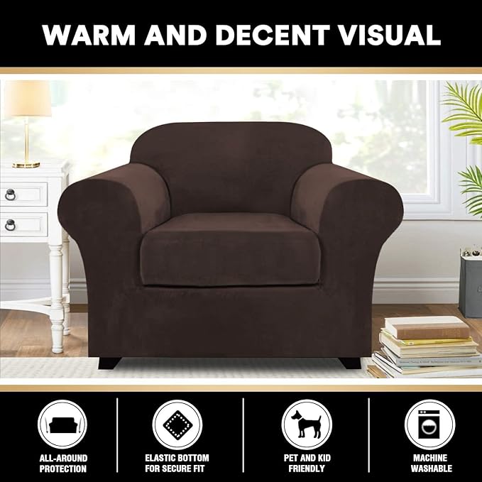 PrinceDeco Velvet Plush Couch Cover Stretch 2 Piece Chair Cover Chair Slipcover Washable Furniture Protector Couch Soft with Elastic Bottom Armchair Cover Width Up to 49 Inch(Small, Brown)