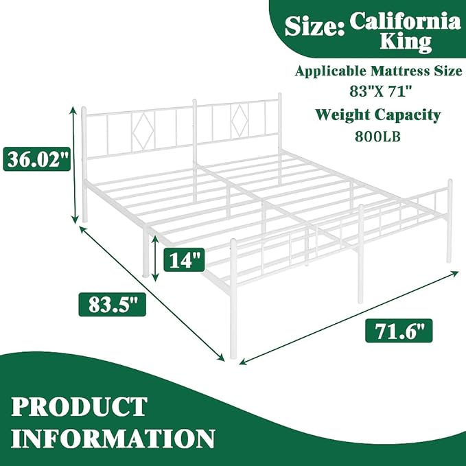 Decorwise 14 Inch California King Size Bed Frames with Headboard/Footboard, Under Bed Storage, Strong Metal Slats Support, No Box Spring Needed, Noise Free, Easy Assembly, White