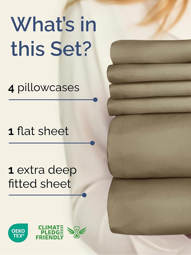 Extra Deep Full Sheet Set - 6 Piece Breathable and Cooling Sheets - Hotel Luxury Bedding for Women, Men, Kids & Teens - Easy & Secure Fit - Soft, Wrinkle Free and Comfy - Extra Deep Pockets - Khaki