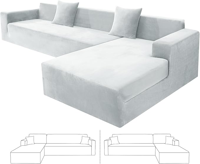 ZNSAYOTX 2026 Soft Velvet Sectional Couch Covers, Luxury Plush Slipcovers with Elastic Bottom for L Shape Sectional Sofa, 2 Pcs Pet Friendly Protector (3 Seat Couch + 3 Seat Chaise, Silver Grey)