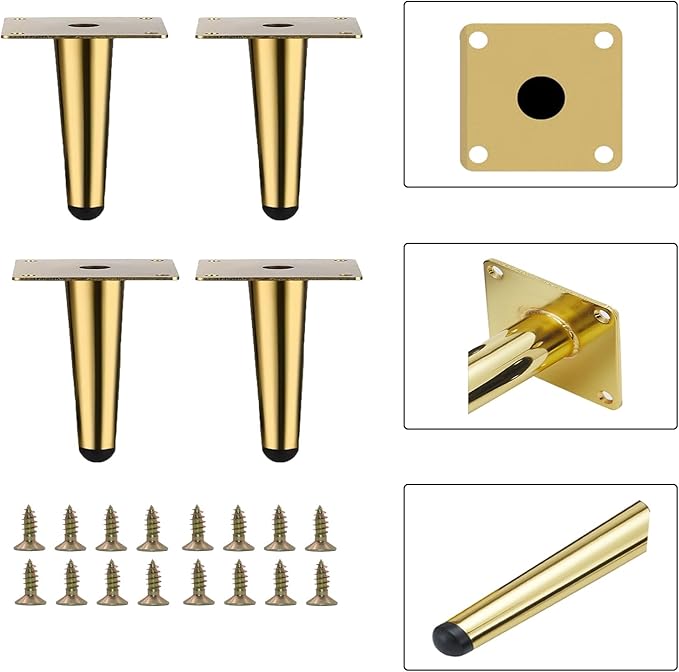 Gold Metal Furniture Legs Heavy Duty Straight Furniture Feet DIY Modern Replacement Legs for Cabinet Sofa Couch Chair-Set of 4 (Gold, 4")